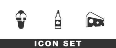 Dondurma, bir şişe zeytinyağı ve peynir ikonu. Vektör.