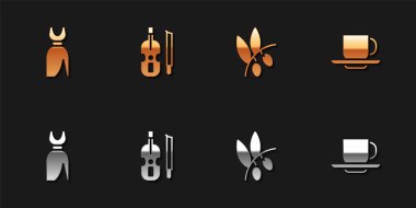 Set Kadını Elbisesi, Keman, Zeytin dalı ve Kahve fincanı ikonu. Vektör.