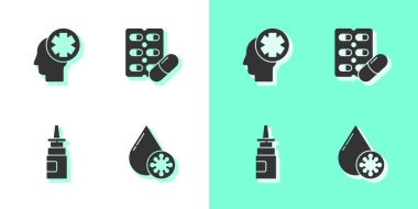 Kan testini ve virüsü ayarla, hastaneli erkek kafa, burun spreyi ve su toplaması için gereken haplar. Vektör.