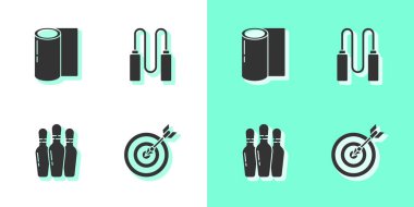 Hedefi ok, spor paspas rulosu, bovling pimi ve ip atlama ikonu ile ayarla. Vektör.