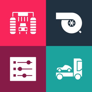 Pop Art Taşıyıcı Kamyonu, Ayarlar, Otomotiv Turbo Şarj Cihazı ve Yıkama Simgesi. Vektör.