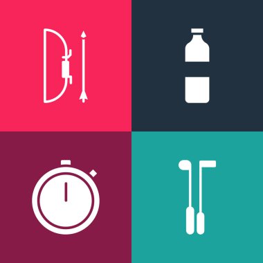 Pop sanat golf sopası, Stopwatch, bir şişe su ve yay ve oku ok simgesine koy. Vektör.