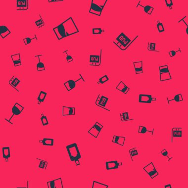 Viski şişesi, bir bardak votka, şarap bardağı ve barla sokak tabelasını kusursuz bir şekilde ayarla. Vektör.