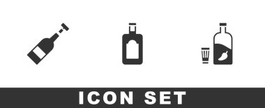 Açılmış şarap şişesi, viski ve votka, biber ve cam ikon. Vektör.