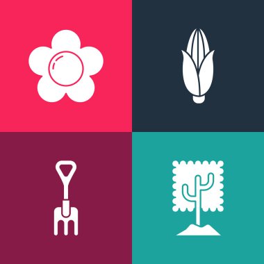 Pop Sanat Ağacı, Bahçe Tırmığı, Mısır ve Çiçek ikonu. Vektör.