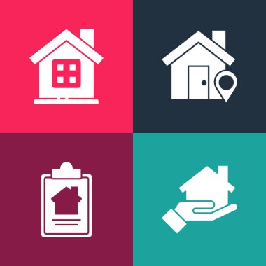 Pop sanat emlakçısını, House kontratını, konumu ve ikonu ayarla. Vektör.