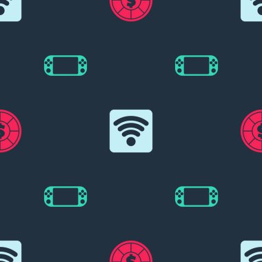 Kumarhane çiplerini, kablosuz internet ağını ve taşınabilir oyun konsolunu pürüzsüz şablona ayarlayın. Vektör.