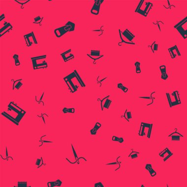 İğneyi iplik, fermuar, dikiş makinesi ve askı dolabını dikişsiz desenle dikmeye ayarlayın. Vektör.