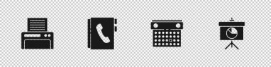 Yazıcı, Adres Defteri, Takvim ve Kabartma tahtasını diyagram simgesiyle ayarla. Vektör.