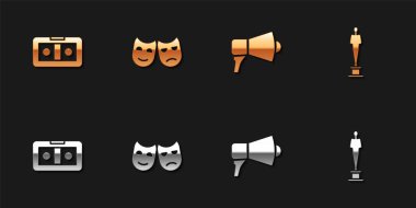 VHS video kaset, komedi ve trajedi maskeleri, megafon ve film ödülü ikonu. Vektör.