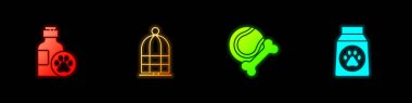 Evcil hayvan şampuanı, kuşlar için kafes, oyuncaklar kemik kauçuğu, top ve yiyecek ikonu. Vektör.