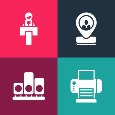 Pop Art Printer, Ranking Star, Worker lokasyonu ve Tribün simgesini ayarla. Vektör.