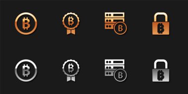 Bitcoin, Server bitcoin ve Lock 'u simgeyle ayarla. Vektör.