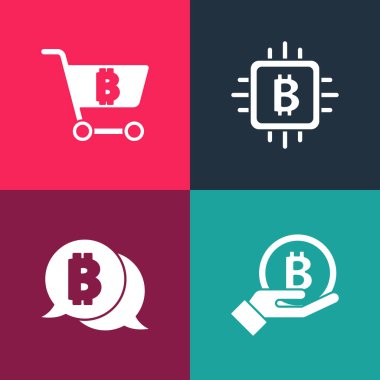 Bitcoin tutan Pop Art Hand 'i, CPU madencilik çiftliğini ve bitcoin ikonlu alışveriş arabasını ayarla. Vektör.