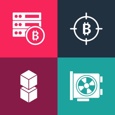Pop Art Video Grafik Kartı, Blockchain teknolojisi, Bitcoin hedef ve Sunucu bitcoin simgesi. Vektör.