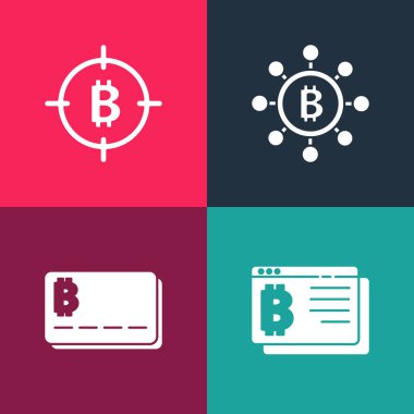 Pop art Bitcoin 'i tarayıcıya, kredi kartını bitcoin, Blockchain teknolojisi ve hedef simgesiyle ayarla. Vektör.