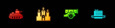 Askeri tank, kilise binası, Cannon ve Medovik ikonu. Vektör.