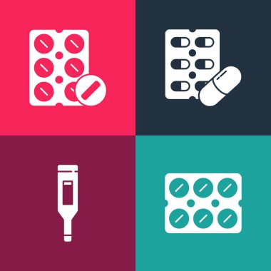 Popüler sanat haplarını su toplayıcı pakete, tıbbi dijital termometreye ve ikona yerleştir. Vektör.