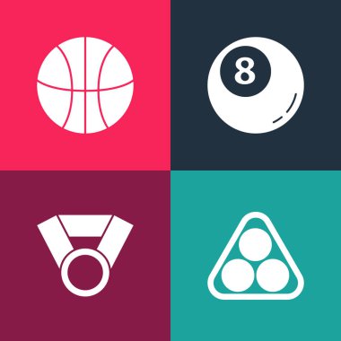 Popüler sanat bilardo toplarını üçgen, madalya, bilardo ve basketbol ikonuna koy. Vektör.