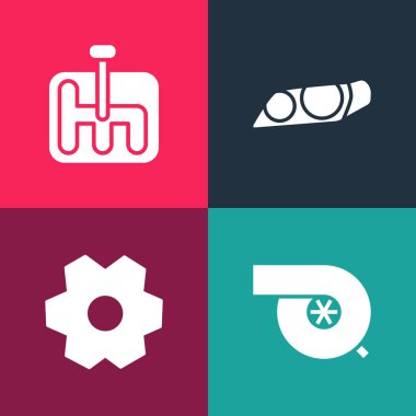 Pop Art Otomotiv Turbo Şarj Cihazı, Vites Aracı, Araba Farları ve Şekil Değiştiren simgesini ayarla. Vektör.