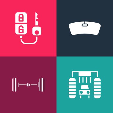 Pop sanat oto yıkama, Chassis araba, ön cam ve anahtarı uzaktan kumandalı ikonla ayarla. Vektör.