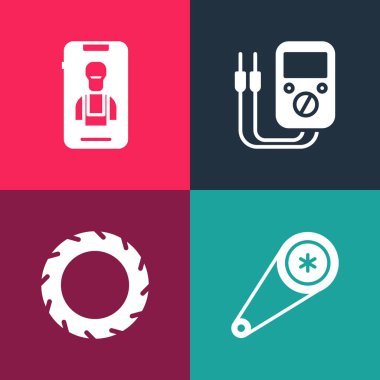 Pop Art Zamanlama Kemerleri, Araç Tekerleği, Çokölçer ve Çevrimiçi Araba Servisi ikonu. Vektör.