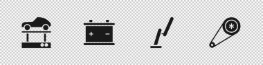 Tamir arabasını asansöre, araba aküsüne, sileceğe ve zamanlama kemeri ikonuna ayarlayın. Vektör.