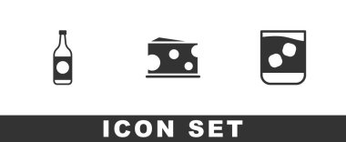 Bira şişesi, peynir ve bir bardak viski ikonu. Vektör.