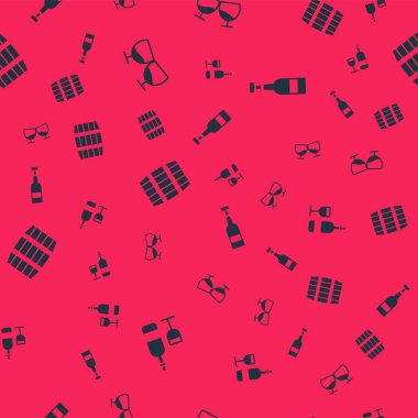 Şarap şişesini cam, bir bardak konyak ya da brendi, ahşap fıçı ve dikişsiz şaraba ayarlayın. Vektör.