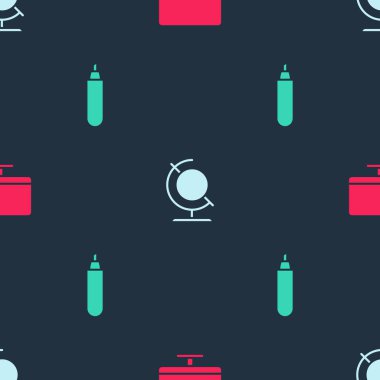 Bilgisayar monitörü ekranını, Dünya küresini ve İşaretleyici kalemini pürüzsüz desene ayarla. Vektör.