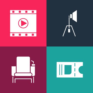 Pop Art Cinema bileti, sandalye, Spot ışığı ve Video Simgesi Oynat. Vektör.