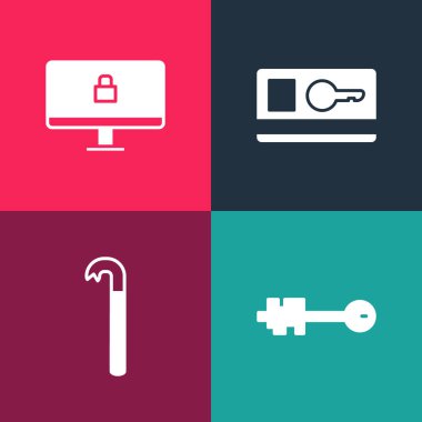 Pop Art 'ı eski anahtar, levye, anahtar kartı ve kilidi bilgisayar monitör simgesine ayarla. Vektör.