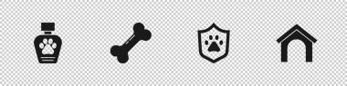 Hayvan şampuanı, köpek kemiği, hayvan sağlığı sigortası ve ev ikonu. Vektör.