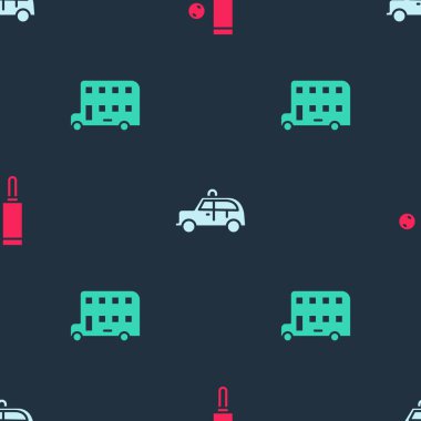 Tahta kriket sopası ve top, taksi arabası ve çift katlı otobüsü sorunsuz bir şekilde ayarlayın. Vektör.