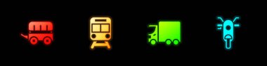 Vahşi batı vagonunu, tren ve demiryolunu, kargo kamyonunu ve Scooter ikonunu hazırlayın. Vektör.