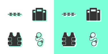 Kelepçeler, dikenli teller, kurşun geçirmez yelek ve polis saldırı kalkanı ikonu. Vektör.