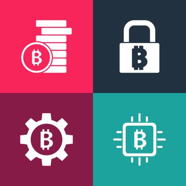 Pop Art CPU madencilik çiftliği, Kripto para birimi Bitcoin, Bitcoin ve ikon ile kilit ayarlayın. Vektör.