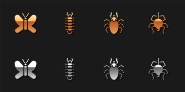 Kelebek, Kırkayak, Böcek geyiği ve örümcek ikonu hazırla. Vektör.