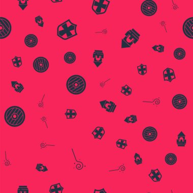 Sihirli değneği, kalkanı, yuvarlak ahşap kalkanı ve kale kulesini kusursuz bir düzene sokun. Vektör.