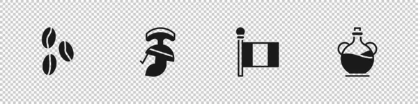 Kahve çekirdekleri, Roma ordu kaskı, bayrak İtalya ve şişe zeytinyağı ikonu. Vektör.