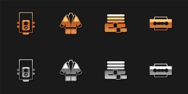 Gaz kazanını, bornozu, havluyu ve jilet ikonunu hazırla. Vektör.