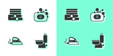 Tuvalet kapağı, havlu yığını, elektrikli ütü ve sabun ikonu. Vektör.