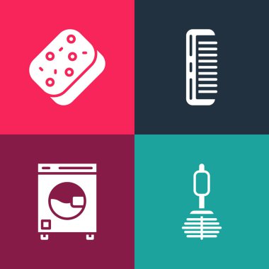 Pop sanat fırçasını, çamaşır makinesini, saç fırçasını ve sünger ikonunu ayarla. Vektör.