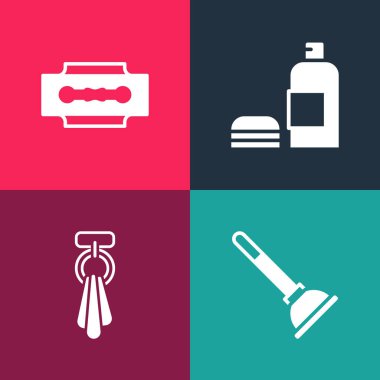 Pop sanat eseri Rubber pistonu, havluyu askıya koy şampuan şişesi ve jilet ikonu. Vektör.