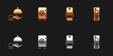 Tepsi, kasa, klozet ve uzaktan kumanda ikonu ile kaplanmış. Vektör.