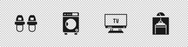 Otel terliklerini, çamaşır makinesini, akıllı televizyonu ve kaldırma ikonunu ayarla. Vektör.
