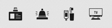 Kimlik kartı, otel servis zili, diş fırçası, diş macunu ve akıllı televizyon ikonu ayarla. Vektör.