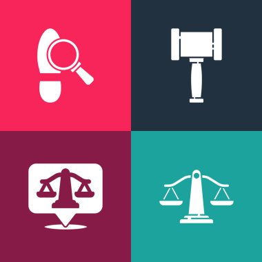 Popüler sanat adalet terazisini, Yargıç tokmağı ve ayak sesleri ikonunu ayarla. Vektör.