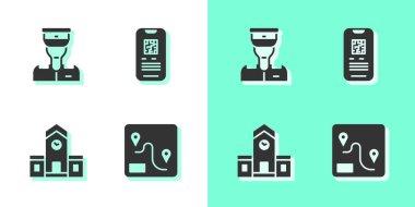 Rotayı, tren kondüktörünü, tren istasyonunu ve E-bilet ikonunu ayarlayın. Vektör.