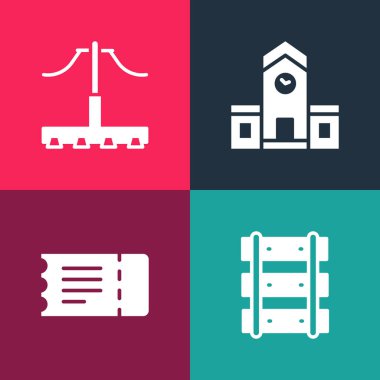 Pop sanatını, tren yolunu, tren biletini, istasyon ve ikonu ayarlayın. Vektör.